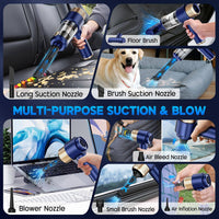 Blue JONYJ vacuum cleaner with multi-functional nozzles for cleaning pet hair, car seats, electronics, and inflating items.