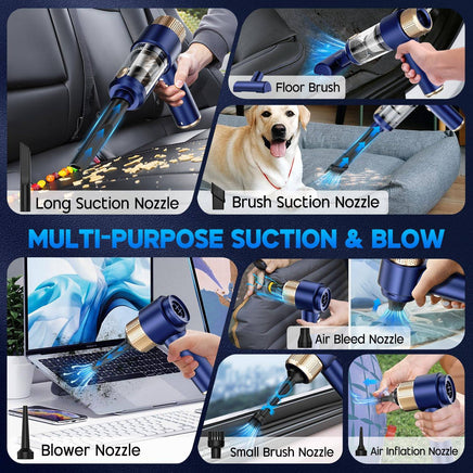 Blue JONYJ vacuum cleaner with multi-functional nozzles for cleaning pet hair, car seats, electronics, and inflating items.