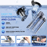 Easy-to-clean silver JONYJ vacuum cleaner with 200ml dust cup, one-key emptying, and washable HEPA and metal filters.
