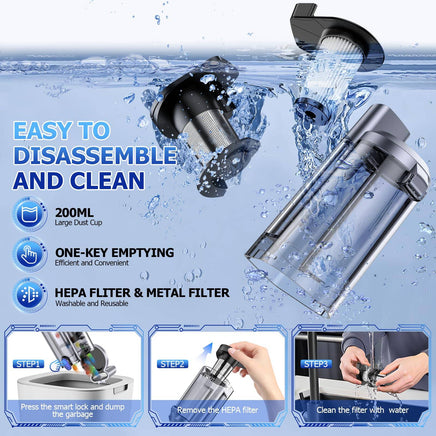 Easy-to-clean silver JONYJ vacuum cleaner with 200ml dust cup, one-key emptying, and washable HEPA and metal filters.