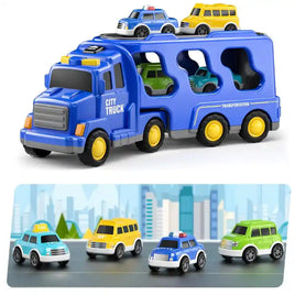 Blue carrier truck toy with multiple small vehicles, perfect for imaginative play. Features a city truck design with a transport trailer.