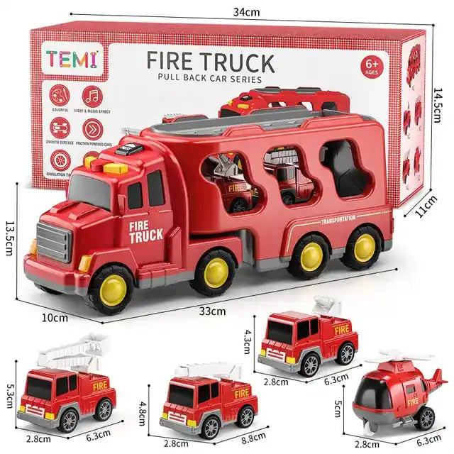 Red fire truck toy with four emergency vehicles, including a helicopter. Designed for kids with pull-back functionality.