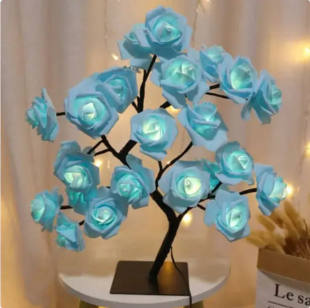 Romantic Rose Tree Lamp with glowing blue LED roses, perfect for adding a serene and romantic touch to bedroom decor.