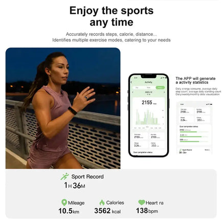 Fitness tracking features displaying mileage, calories burned, and heart rate during exercise.