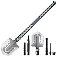 Outdoor multi-purpose folding military shovel with detachable handle and versatile tool attachments for camping and survival.