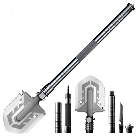 Outdoor multi-purpose folding military shovel with detachable handle and versatile tool attachments for camping and survival.
