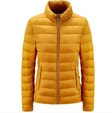 Simple Women's Stand-up Collar Puffer Jacket in mustard yellow with zip-up front and horizontal quilting. A cozy, minimalist winter coat for everyday wear.