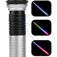 Lightsaber hilt with color-changing blade options, including rainbow effects, for immersive play experiences.