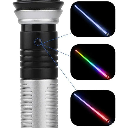 Lightsaber hilt with color-changing blade options, including rainbow effects, for immersive play experiences.