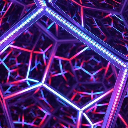 Close-up of Infinite Dodecahedron Color Art Light highlighting intricate LED patterns in red and blue, creating a stunning visual effect.