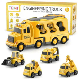 Yellow engineering truck toy with four construction vehicles. Includes a transport trailer for easy storage and play.