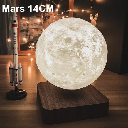 Levitating Mars lamp glowing warmly on a wooden base, adding a planetary touch to home decor.