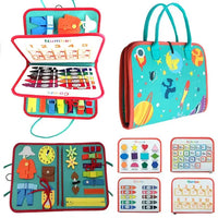 Montessori sensory board with colorful interactive activities, including numbers, alphabet, colors, and zippers, designed for early learning and sensory engagement.