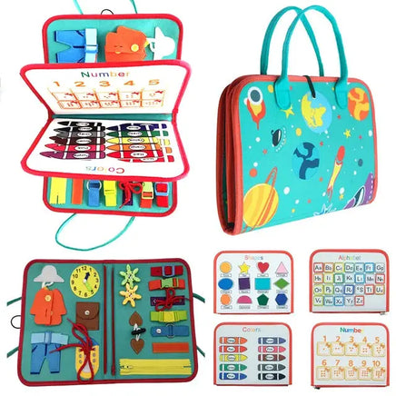 Montessori sensory board with colorful interactive activities, including numbers, alphabet, colors, and zippers, designed to engage children's senses and promote learning.