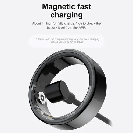 Magnetic fast charging feature of the multifunctional health tracker ring with a one-hour full charge.