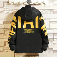Men's Winter Hooded Puffer Jacket - Trendy Style in black with bold yellow lettering on back and sleeves, Korean-inspired oversized fit for winter warmth.