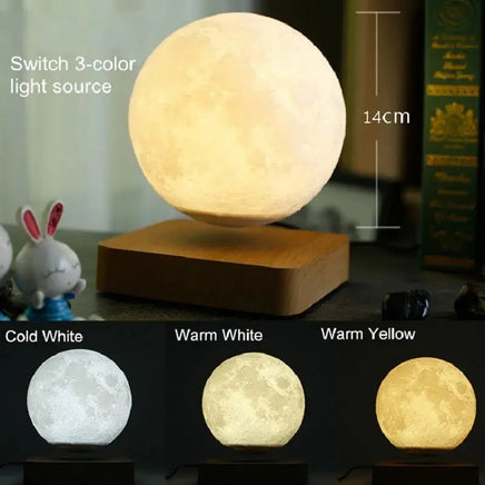Levitating moon lamp with three light color options: cold white, warm white, and warm yellow, displayed on a wooden base.