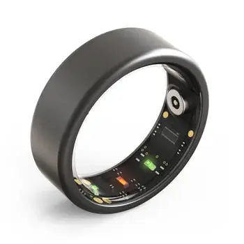 Black multifunctional health tracker ring with advanced sensors for fitness and wellness monitoring.