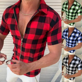 Plaid T Shirt Mens Zipper Short Sleeve Shirts Summer Men Clothing | ORANGE KNIGHT & CO.