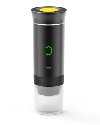 Compact black portable capsule coffee machine with a green power indicator and detachable water tank for convenient coffee brewing.