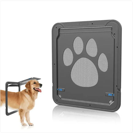 Durable Pet-Safe Anti-Chew Screen Door with magnetic closure and paw design, shown with a golden retriever for pet-friendly home use.