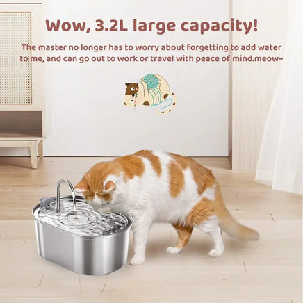 Cat drinking from a stainless steel water dispenser with 3.2L large capacity, designed for hydration and convenience. Features a sleek design for home use.