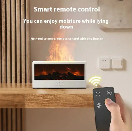 Smart remote-controlled fireplace flame diffuser with colorful flame options for a cozy home atmosphere.