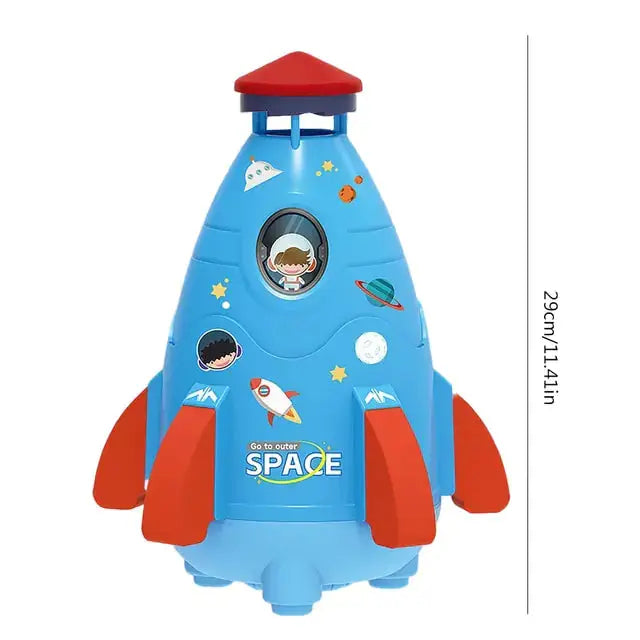 Blue Rocket Launcher Toy with space-themed graphics, featuring water spray functionality and faucet connection for outdoor fun.