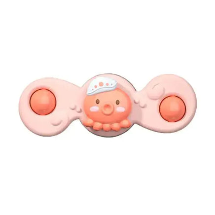 Pink baby spin toy featuring a cute octopus design and two rounded pink spinning points, perfect for babies' developmental play.