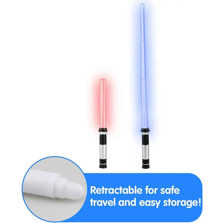 Retractable lightsaber toys in red and blue, designed for safe travel and easy storage for children.