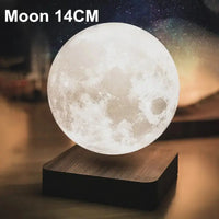 Levitating 14cm moon lamp glowing in cold white light on a wooden base, showcasing realistic lunar surface details.