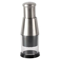Stainless steel garlic crusher with a transparent container, featuring a modern design for efficient vegetable chopping.