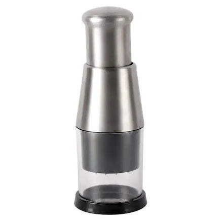 Stainless steel garlic crusher with a transparent container, featuring a modern design for efficient vegetable chopping.