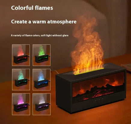 Black fireplace flame diffuser with multiple flame color options, creating a warm and inviting ambiance.
