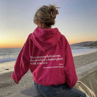 Dear Person Behind Me,the World Is A Better Place,with You In It,love,the Person In Front Of You,Women's Plush Letter Printed Kangaroo Pocket Drawstring Printed Hoodie Unisex Trendy Hoodies | ORANGE KNIGHT & CO.