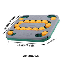 Gray and yellow dog puzzle toy with dimensions of 24.5cm x 24.5cm x 2.5cm and a weight of 292g, perfect for treat hiding games.