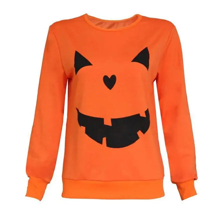 Front view of Halloween Pumpkin Sweatshirt - Perfect for Spooky Season, featuring a playful pumpkin face on soft orange fabric.