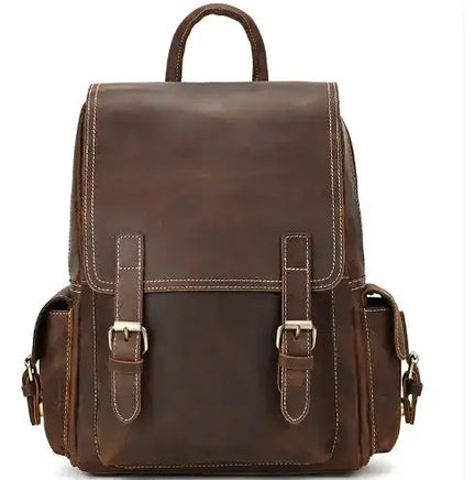 Dark brown Crazy Horse leather men's retro backpack with a minimalist design, buckle closures, and side compartments for added functionality.