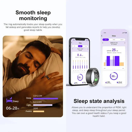 Sleep monitoring feature with detailed sleep state analysis and REM tracking for better sleep habits.