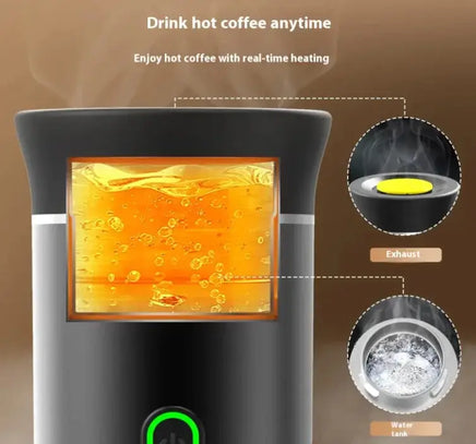 Portable capsule coffee machine with real-time heating feature, showcasing hot coffee brewing and exhaust system for convenience.