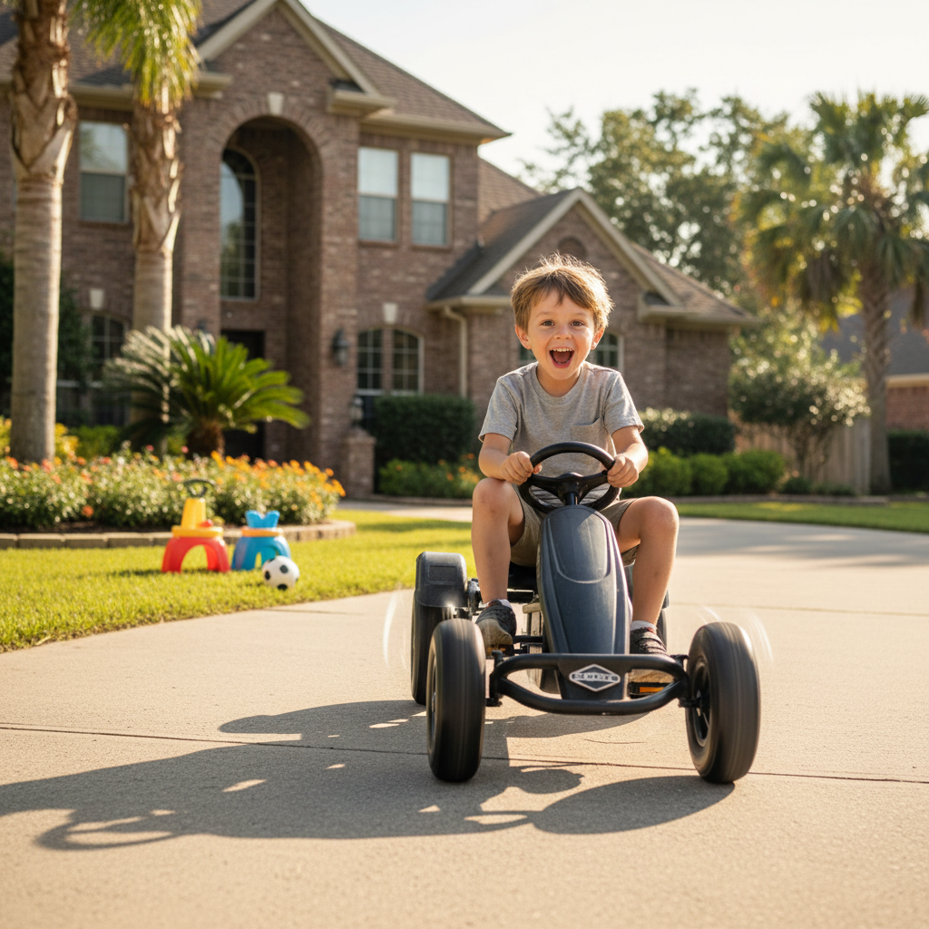 Young child smiling while riding Hauck Lightning black pedal go-kart on sunny driveway