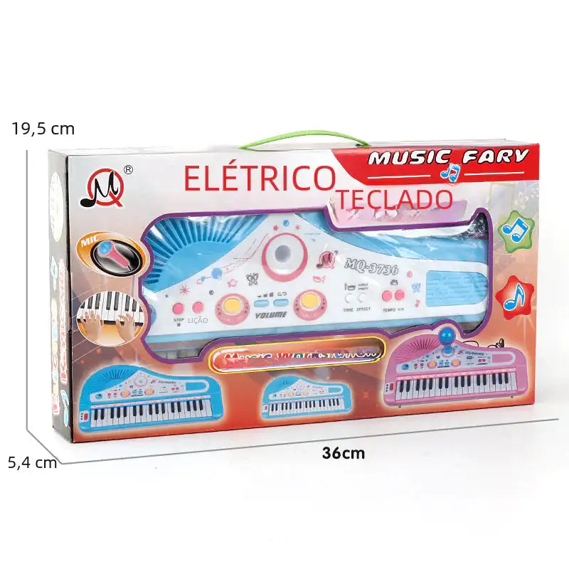 Retail packaging of 37-key electronic piano toy for kids with microphone, showing product dimensions and colorful design for