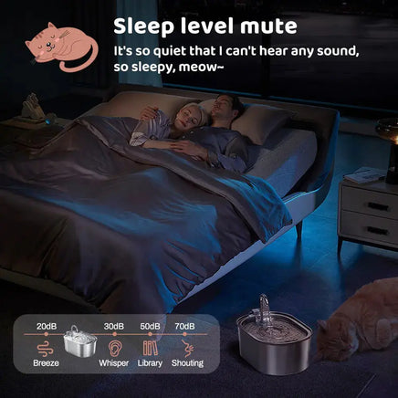 Cat Water Dispenser Stainless Steel with ultra-quiet operation, shown in a bedroom setting with sleeping individuals and a cat drinking water.
