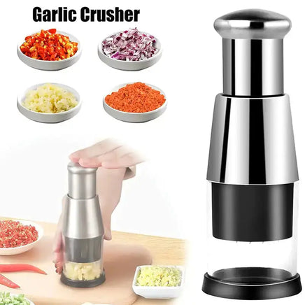 Garlic crusher and onion chopper with images of chopped vegetables, illustrating its versatility in food preparation.
