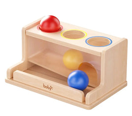 Montessori Toys Object Permanence Box for Toddlers with three colored balls and matching holes, designed to build motor skills and sensory learning.
