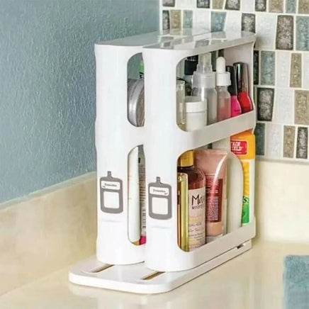 Double Layer Rotating Spice Rack repurposed for bathroom essentials, storing bottles and toiletries on a countertop for versatile use.