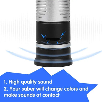 Close-up of lightsaber hilt with sound and color-changing features, enhancing interactive play for children.