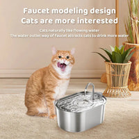 Stainless steel cat water dispenser with faucet design, placed on a carpeted floor, featuring a cat drinking water. Ideal for keeping cats hydrated.