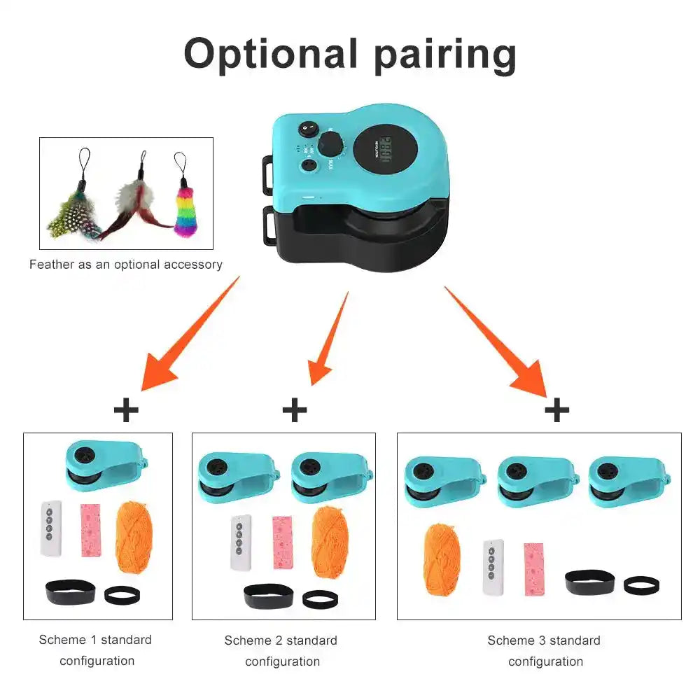 Various optional pairing configurations for the cat exercise toy, offering different accessory combinations for enhanced play