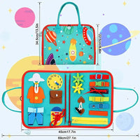 Montessori sensory board with colorful space-themed design, featuring zippers, buckles, buttons, and a clock for hands-on learning.